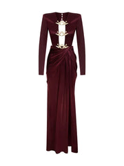 Hollow Out Long Sleeve Silky Satin Maxi Dress