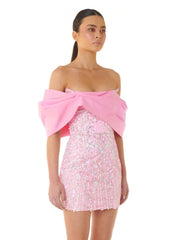 Open-Shoulder Slash Neck Mesh Sequined Pink Mini Dress 