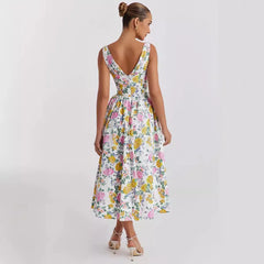 Print Deep V Neck Pleated Midi Dress With Pocket