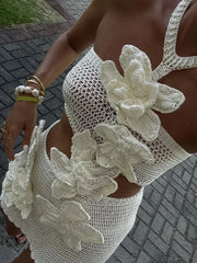 3D Flower Hollow Halter Off Shoulder Crochet Dress