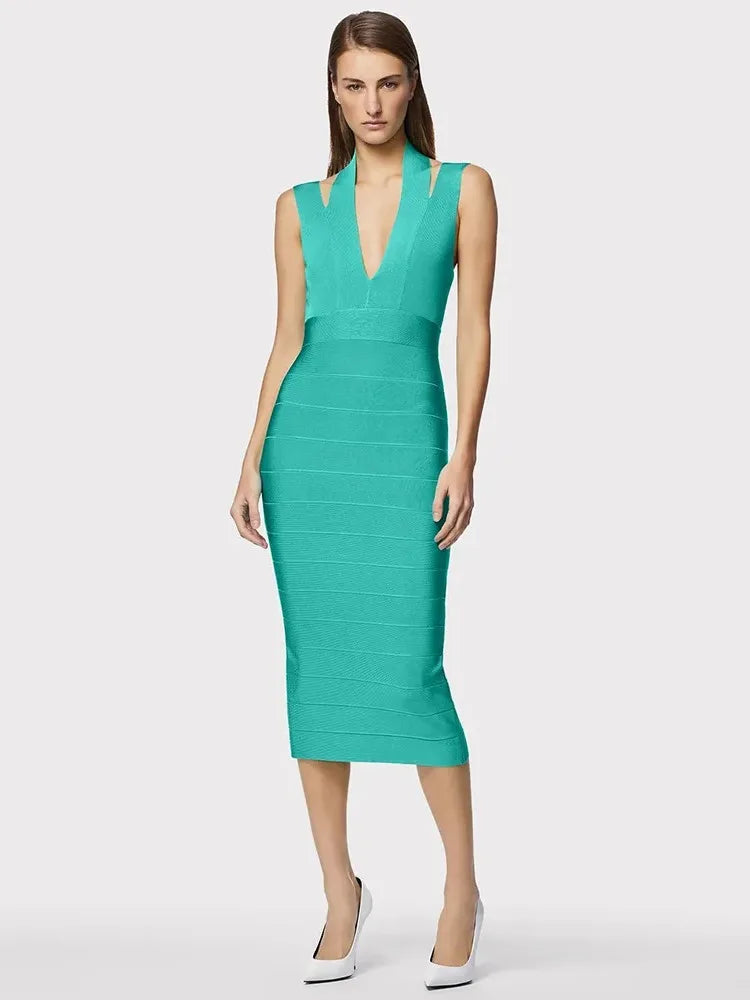 Women's Sleeveless V-neck Open Back Hollow Fit Midi Dress