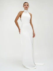 Halter Beaded Backless Satin Maxi Dress