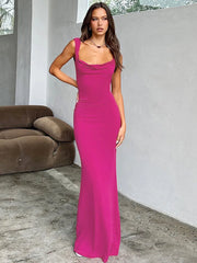 Solid Color Bow V Neck Sleeveless Open Back Long Dress