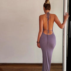 Open Back Halter Ruched Strappy Maxi Dress