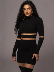 Black Mesh Patchwork Long Sleeve Midi Dress