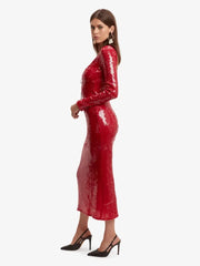 Red Lace-up Long Sleeves Sequin Midi Dress