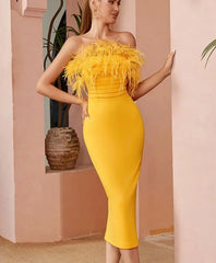  Strapless Feather Open Back Orange Midi Dress