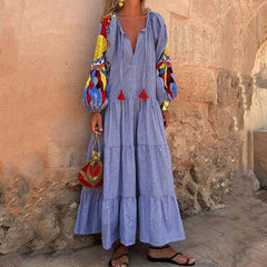 Pattern Printed Lantern Sleeves Bohemian Dress