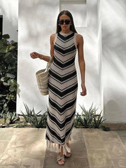 Knitted Tassel Striped Long Dress Bohemian Beachwear