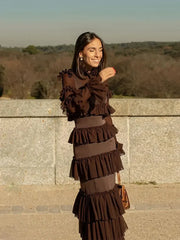 Solid Ruffled Tiered Long Sleeves Half High Collar Maxi Dress