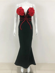 Strapless Open Back Diamonds Black Maxi Dress