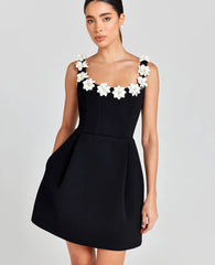 Black 3D Flower High Waisted Mini A-Line Dress 