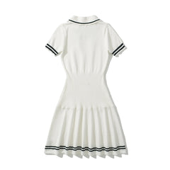 Tie Bow Lapel Short Sleeve Pleated White Dress