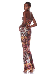 Strapless Floral Sequin Open Back Long Gown Dress