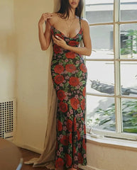 Floral Print Open-Back Long Dress For Women