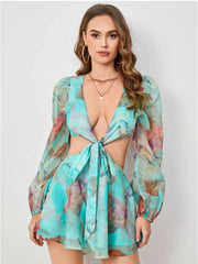 Printed Lantern Sleeve Chiffon Playsuit