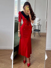 Red Ankle Length Dress With Peter Pan Collar 