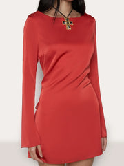 Open-Back Irregular Satin Long Sleeve Solid Mini Dress