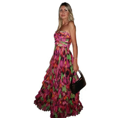 Print Open Shoulder Ruffle Strapless Open Back Maxi Dress