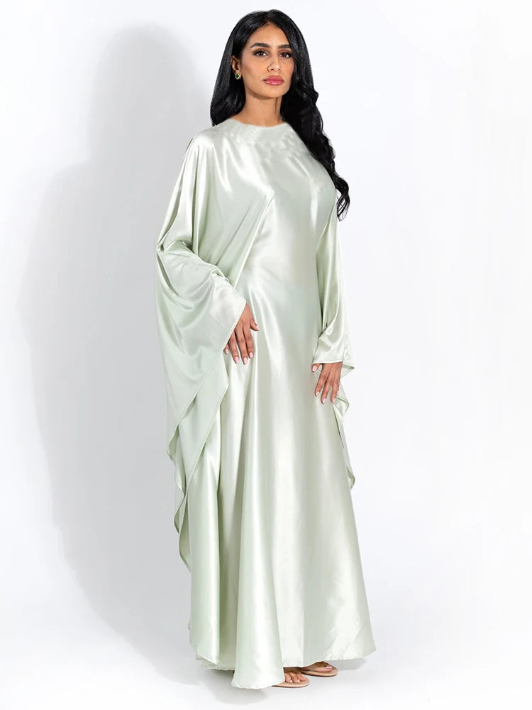 Satin Cloak Long Sleeve Loose Kaftan For Women O Neck Long Dress