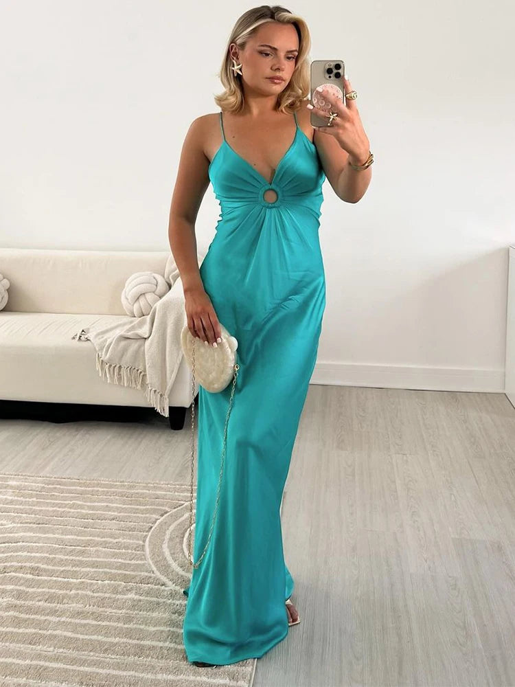 Lake Blue Deep V Neck Pleated Maxi Dress