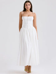 White Spaghetti Strap Open Back Sleeveless A-line Dress