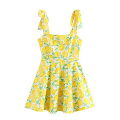 Yellow Print Bow Lace Up Mini Dress