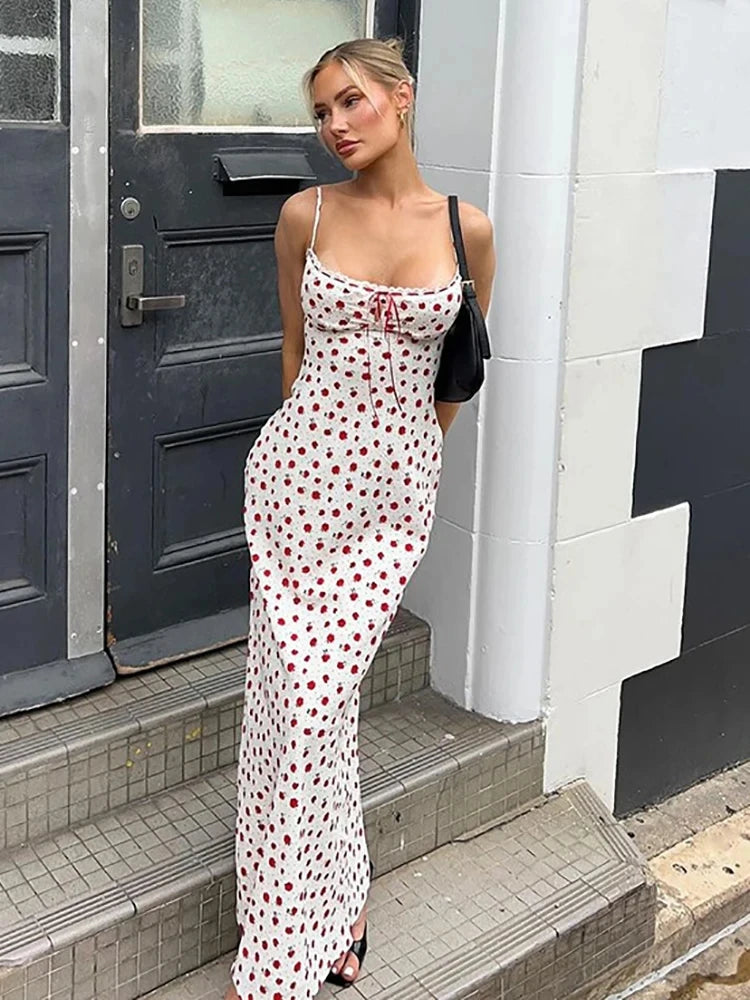 Open-Back Floral White Spaghetti Strap Long Dress