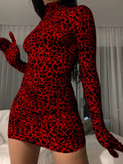 Women Leopard Print Turtle Neck Mini Dress With Gloves