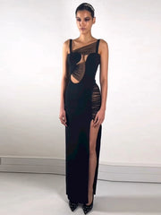 Mesh Black Spaghetti Strap High Split Long Dress