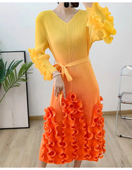 Orange Gradient Lace-up Gathered Waist Ruffles Dresses