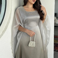 Satin Gradient Printed Batwing Sleeve Long Dress