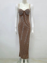 Diamond Mesh Beaded Sleeveless Long Dress