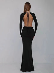 Hollow Out Open Back Flower V-Neck Long Sleeved Gown