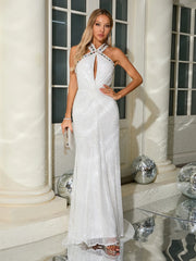 Apricot Mesh Sequin Floor Length Mermaid Dress