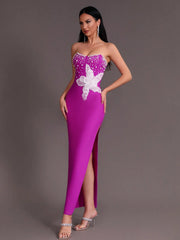 Women's Purple Beaded Strapless Side Split Long Dress