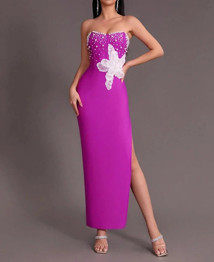 Women's Purple Beaded Strapless Side Split Long Dress