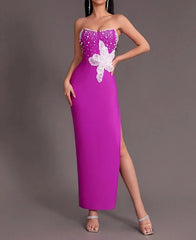 Women's Purple Beaded Strapless Side Split Long Dress