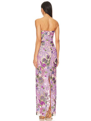 Strapless Purple Embroidery Flower Long Dress