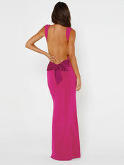 Solid Color Bow V Neck Sleeveless Open Back Long Dress