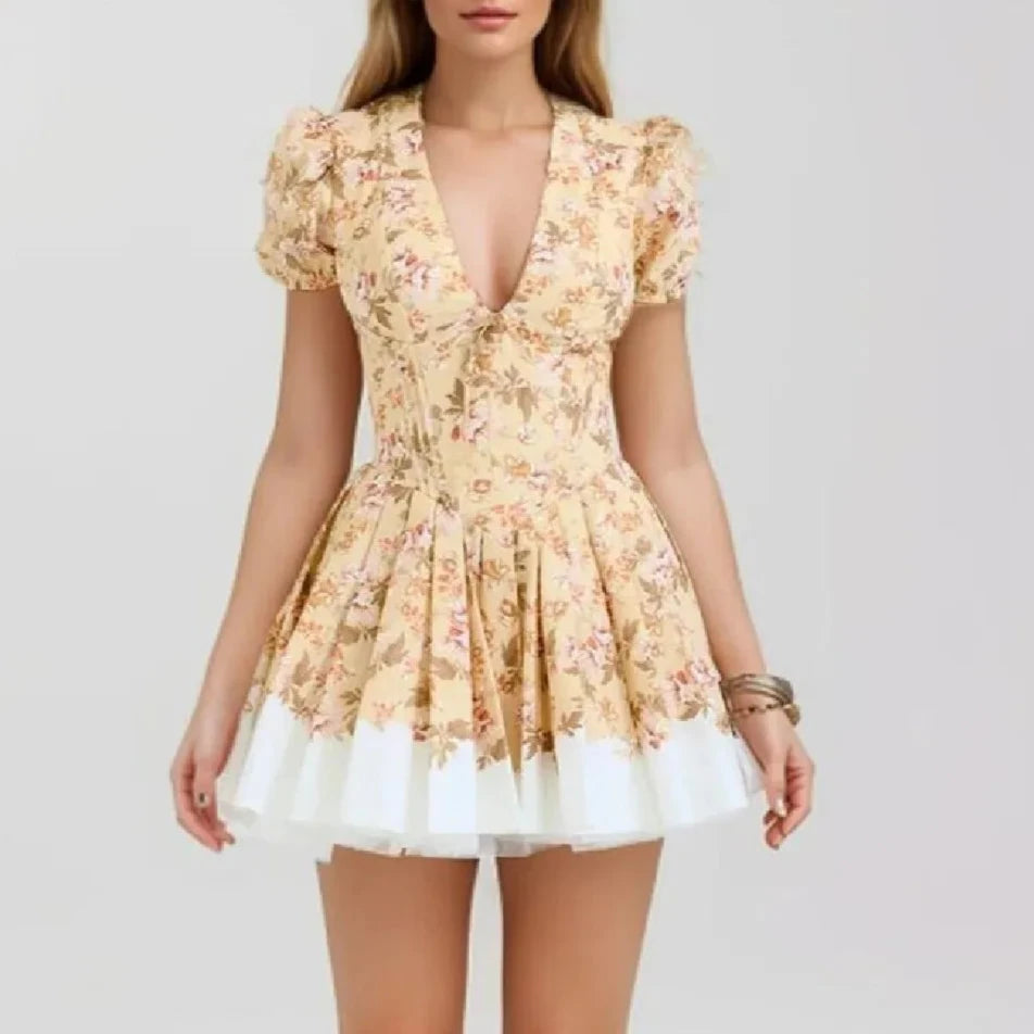 Khaki Floral Print Corset Style Short Puff Sleeve Mini Dress