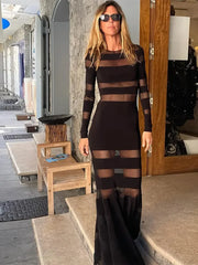 Spliced Fishtail Dress Solid O Neck Long Sleeve Maxi Dress