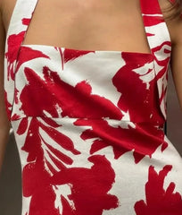 Printed Splicing Halter Neck Ankle Length Dress