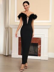 Women's Black V-neck Feather Strapless Maxi Dress