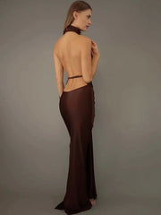 Women Open Back Halter Sleeveless Solid Long Dress