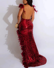 Open Back Side High Split Sequins Feathers Mermaid Dress