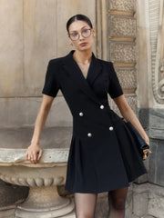 Black Lapel Solid Short Sleeve Mini Blazer Dress