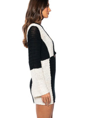 Patchwork White Long Sleeve Round Neck Knit Mini Dress 