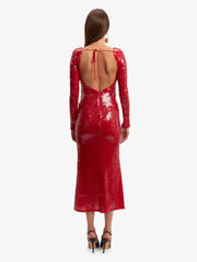 Red Lace-up Long Sleeves Sequin Midi Dress