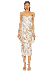  Women's Sequin Sheer Strapless Midi Dress